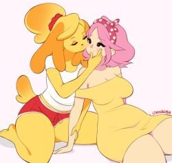 2019 animal_crossing animal_crossing_girl anthro big_breasts blush breasts canid canine canis cherrikissu closed_eyes clothed clothing digital_media_(artwork) domestic_dog dress duo female female/female female_on_anthro fur hair human human_on_anthro interspecies isabelle_(animal_crossing) mammal nintendo pink_hair romantic romantic_couple shih_tzu signature simple_background smile text toy_dog villager_(animal_crossing) yellow_body yellow_fur