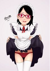 1girls absurdres aleuz91 apron artist_name black_dress blush boruto:_naruto_next_generations clothes_lift commission cowboy_shot dress dress_lift feet_out_of_frame female_focus glasses highres lifted_by_self looking_at_viewer maid maid_apron maid_headdress naruto naruto_(series) open_mouth panties red-framed_eyewear red_eyes red_panties sarada_uchiha signature simple_background solo standing thighhighs thighs underwear white_background white_thighhighs