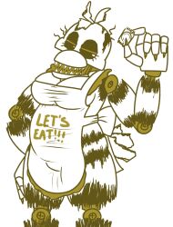 animatronic anthro apron avian big_breasts bird breasts chicken cleavage clothed clothing condom female five_nights_at_freddy's five_nights_at_freddy's_4 galliform gallus_(genus) machine monochrome nightmare_chica nightmare_chica_(fnaf) non-mammal_breasts phasianid robot scottgames sexual_barrier_device sharp_teeth simple_background snaxattacks solo teeth yellow_and_white