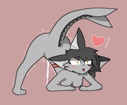 <3_eyes alxdraws anthro ass_up bodily_fluids breasts cum cum_drip cum_inside dripping eeveelution female generation_1_pokemon genital_fluids grey_body hair heart jack-o'_pose lunastrum nintendo pokemon pokemon_(species) pose shaking simple_background solo vaporeon