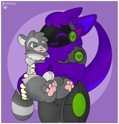 <3_eyes 3_toes animal_genitalia anthro blue_eyes blush border canid canine cuddling duo feet female feral fully_sheathed fur genitals grey_body grey_fur happy heart hi_res kalen_(xenoyia) kemono machine male mammal one_eye_closed pawpads paws polly_(pollymaker) protogen purple_body purple_fur raccoon_dog sheath smile tail tanuki toes twitter_handle wink xenoyia_(artist)