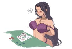 1girls black_hair blush bra bra_strap_down card cleavage closed_mouth defeated eyes_closed female lace-trimmed_bra large_breasts long_hair myth1c nijisanji nijisanji_en panties poker poker_chip poker_table purple_bra purple_panties purple_underwear scarle_yonaguni solo strip_poker stripping underwear virtual_youtuber