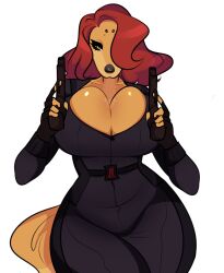 2017 anthro big_breasts black_widow_(cosplay) black_widow_(marvel) breasts canid canine canis cherrikissu cleavage clothed clothing cosplay digital_media_(artwork) dogmom domestic_dog female gun hair hair_over_eye half-closed_eyes hi_res hunting_dog mabel_(cherrikissu) mammal marvel mature_anthro mature_female narrowed_eyes one_eye_obstructed ranged_weapon saluki sighthound simple_background solo superhero thick_thighs tight_clothing weapon white_background