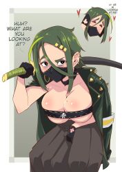 1girls bandeau big_breasts black_eyes blush dialogue ear_blush earrings english_text female female_only green_hair hairclip hakama heart japanese_clothes katana kuraido looking_at_viewer mask midori_(rizdraws) mole mole_on_breast mouth_mask solo talking_to_viewer very_high_resolution