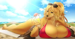 2018 anthro beverage big_breasts bikini breast_rest breasts canid canine canis cherrikissu cleavage clothed clothing cloud curvy_figure dogmom domestic_dog eyewear female hair hi_res holding_object huge_breasts hunting_dog looking_at_viewer lying mabel_(cherrikissu) mammal mature_anthro mature_female on_front outside saluki sighthound sky solo sunglasses swimwear text thick_thighs voluptuous wide_hips