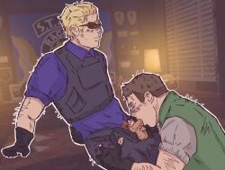 2boys albert_wesker blonde_hair blowjob brown_hair chris_redfield closed_eyes clothed desk digital_media_(artwork) gay grabbing_thighs looking_at_partner male/male male_only mrrilga nsfw office on_desk oral resident_evil resident_evil_remake yaoi