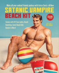 abs advertisement astra_zero beach beach_ball biceps bulging_biceps covering_crotch english_text hairy_chest male male_only muscles muscular muscular_male outdoors outside pecs retro smiling_at_viewer smooth_skin tattoos thick_thighs vampire