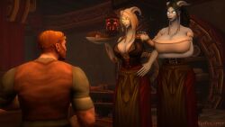 1boy 2girls 3d avanette blizzard_entertainment blue_skin draenei huge_breasts human human_(world_of_warcraft) kaelatheelf light-skinned_male light_skin original_character thick_thighs warcraft world_of_warcraft