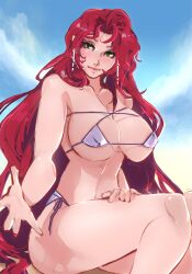 1girls arolace bare_thighs bikini breasts earrings female female_only fire_emblem fire_emblem:_path_of_radiance green_eyes kythuulu large_breasts long_hair looking_at_viewer mature mature_female micro_bikini nintendo outdoors reaching_out red_hair sideboob sitting smile solo swimsuit thick_thighs thighs titania_(fire_emblem) underboob very_long_hair white_bikini white_swimsuit