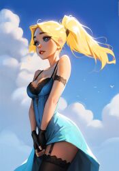 1girls 2023 ai_generated big_breasts blonde_hair blue_dress blue_eyes brawl_stars breasts clothed clothed_female clouds dress lingerie maxfield_punish piper_(brawl_stars) stable_diffusion thigh_highs