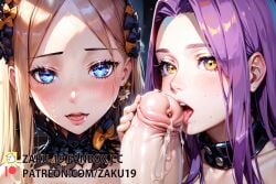 2girls abigail_williams_(fate/grand_order) ai_generated equine_penis fate/grand_order fate_(series) fellatio female_human/male_feral female_on_feral handjob holding_penis horse horse_penis horsecock huge_cock long_hair medusa_(fate) penis_awe precum precum_drip sucking_penis two-handed_handjob veiny_penis watermark zaku19 zoophilia