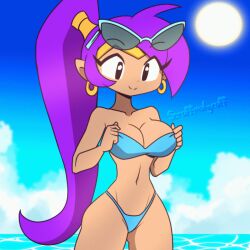 1girls :d animated bikini blue_bikini breasts cheeky female female_only genie gif horny lifted_by_self lifted_top medium_breasts scruffmuhgruff shantae shantae_(character) smooth_skin solo suggestive wink winking_at_viewer