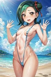 ai_generated beach bikini_top blush female green_hair kotori_mizuki mizuki_kotori_(yuu-gi-ou_zexal) navel orange_eyes sephiaton955 sling_bikini smile tori_meadows yu-gi-oh! yu-gi-oh!_zexal