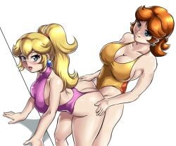 2girls ass bent_over blonde_hair blue_eyes breasts brown_hair dry_humping earrings flower_earrings hand_on_ass implied_futanari large_breasts leonart mario_(series) medium_hair multiple_girls nintendo one-piece_swimsuit pink_one-piece_swimsuit pink_swimsuit ponytail princess_daisy princess_peach sex swimsuit tomboy tribadism tribadism_from_behind yellow_one-piece_swimsuit yellow_swimsuit yuri