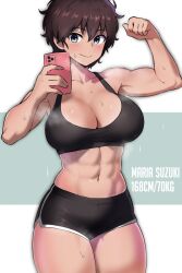 1girls abs armorgun_(artist) athletic athletic_female athletic_shorts blue_eyes brown_hair cell_phone character_name cleavage female female_only flexing fluffy_hair girls_und_panzer maria_suzuki measurements midriff muscular muscular_female phone short_hair short_shorts shorts smile solo sports_bra sweat taking_selfie tanned_female toned_female vapor workout_clothes