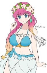 1girls alternate_costume bangs bare_thighs bikini blue_bikini blue_eyes blue_swimsuit breasts cleavage female female_only fire_emblem fire_emblem_heroes gunnthra_(fire_emblem) gunnthra_(summer)_(fire_emblem) hourglass_figure large_breasts long_hair looking_at_viewer multicolored_hair nintendo official_alternate_costume pink_hair sarong see-through sixtybuzzer smile solo swimsuit thighs