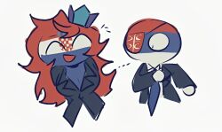 1boy 1girls black_clothing black_shirt blue_body blue_breasts blue_tie blue_tits boobs breast countryhumans countryhumans_girl croatia croatia_(countryhumans) croatian_flag crown eyes_closed female laugh laughing red_hair serbia serbia_(countryhumans) serbian_flag tits white_background white_body white_shirt yuyuzikeai