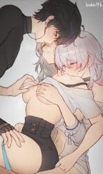 1boy 2girls baba19h bisexual_(female) bisexual_threesome black_hair black_shirt blue_eyes blush breast_hold breasts dan_heng female ffm_threesome group_sex half-closed_eyes highres honkai:_star_rail honkai_(series) march_7th_(honkai:_star_rail) multicolored_eyes multiple_girls parted_lips pink_hair purple_eyes shirt short_hair short_sleeves stelle_(honkai:_star_rail) teeth thick_thighs thigh_grab thighs threesome white_shirt yellow_eyes