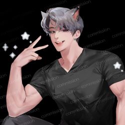 1boy 3d abs flirtatious flirting_look flirting_with_viewer full_color grin handsome light-skinned_male light_skin looking_at_viewer male male_focus male_only muscular muscular_male naughty_face naughty_smile nekomimi original_character peace_sign posing seduction smirk solo tagme teasing toned_male tongue_out twink watermark white_hair