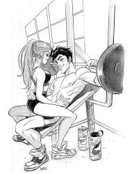 1boy 1girls ankle_socks anklehighs athletic babs_tarr barbara_gordon batgirl batman_(series) canon_couple dc dc_comics dick_grayson female gym gym_clothes gym_shorts male male/female nightwing on_lap ponytail shirtless sitting_on_lap socks sports_bra sportswear straight suggestive water_bottle weight_bench weights white_socks