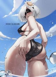 1girls aelion_draws android android_girl ass bikini blindfold breasts female hair_over_one_eye huge_ass huge_breasts large_breasts light_skin nier nier:_automata outdoors short_hair thick_thighs wet white_hair yorha_2b