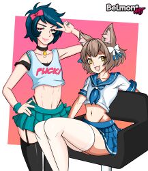 2boys 2femboys belmont blue_hair bow cat_ears choker collar felix_argyle femboy furry garter_straps lipstick male male_only multiple_boys re:zero_kara_hajimeru_isekai_seikatsu ribbon sailor_collar serafuku short_hair skirt tank_top thighhighs thong