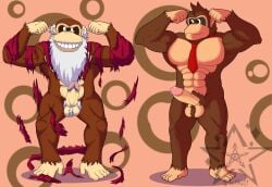 age_difference anthro ape barazoku brown_body brown_fur clothing cranky_kong donkey_kong donkey_kong_(series) duo facial_hair fafnir_stardust_(artist) father father_and_child father_and_son fur gorilla grey_hair hair haplorhine hi_res long_beard male male_only mammal muscular muscular_male necktie nintendo older_male parent parent_and_child primate pubes red_necktie simple_background son torn_clothing