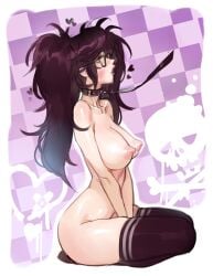 1girls abstract_background big_breasts bondage breasts collar female femsub kneeling lacryboy leash miles_(melanpsycholia) naked_stockings naked_thighhighs nude sitting stockings thighhighs trans_woman_(lore) twintails