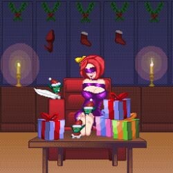 after_orgasm alice animated blushing bondage candles christmas christmas_decorations christmas_ornaments christmas_present cocooned couch drooling elves feathers feet female flustered gif high_heels jayakun pale-skinned_female pale_skin pixel_art pleasured red_couch red_hair short_hair sleeping table tied_up tomboy wrapped wrapped_up