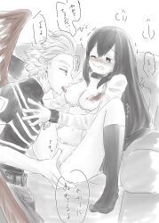 1boy 1girls age_difference breasts feathers female finger_on_pussy handjob_over_clothes hawks_(my_hero_academia) japanese_text keigo_takami licking_nipples long_hair male male/female my_hero_academia nipple_play nipple_stimulation panties partially_clothed socks straight tsuyu_asui