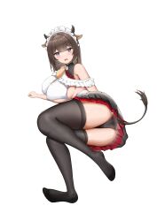 1girls animal_ears animal_tail ass azur_lane black_panties brown_hair cow_ears cow_girl cow_horns cow_tail eyebrows_visible_through_hair female female_only full_body horns kashino_(azur_lane) kashino_(maid_for_mayhem)_(azur_lane) large_breasts legwear light-skinned_female light_skin open_mouth panties sakura_empire_(azur_lane) simple_background skirt solo tail underwear xinsaki