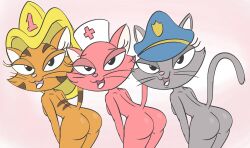 2017 anthro ass breasts clothing danger_rangers domestic_cat felid feline felis female furry group half-closed_eyes hat headgear headwear looking_at_viewer mammal narrowed_eyes nude open_mouth raised_tail simple_background tail tongue trio unknown_artist unknown_character whiskers