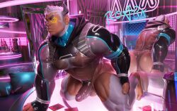 2022 back_muscles balls character_name condom dildo drinks english_text hood horns latex_suit male_only mirror muscular_arms muscular_male muscular_thighs nipples pecs penis pink_light pink_lighting roark_(deersserts) solo strip_club takahirosi translucent_clothing white_hair