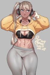 1girls abs bra headphones midriff open_shirt ryo_agawa sports_bra tan_body tanline thick_thighs thighs tights