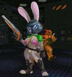 anthro armor belt breasts clothing crossover disney doom doom_(series) doom_slayer duo eifiemoth female genitals gloves gun handwear headgear helmet hi_res id_software imp_(doom) judy_hopps lagomorph leporid mammal monster nipples pussy rabbit ranged_weapon solo super_shotgun weapon zootopia