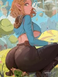 1girls big_butt blonde_hair breasts butt clothing fat_ass female horny huge_butt humanoid hylian korok large_breasts miraihikari nintendo outdoors pale_skin pointy_ears princess_zelda short_hair sitting_on_another squatting tears_of_the_kingdom the_legend_of_zelda thick_thighs thighs tight_clothing zelda_(tears_of_the_kingdom)