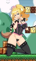 1girls armlet blonde_hair blue_eyes bondage bowsette bracelet breasts brooch collar corset earrings horns kneeling large_breasts leash lilith-fetish mario_(series) new_super_mario_bros._u_deluxe nintendo painted_fingernails ponytail spiked_armlet spiked_bracelet super_crown tail thighhighs turtle vaginal_sticker