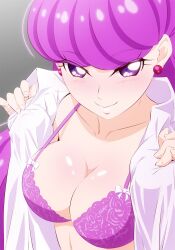 1girls blush bra breasts cleavage closed_mouth closed_smile clothing earrings female female_only fuchi_(nightmare) kirakira_precure_a_la_mode kotozume_yukari light-skinned_female light_skin magenta_hair medium_breasts pretty_cure smile smiling solo solo_female solo_focus