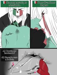 2boys ass ass_focus bolivia_(countryhumans) countryhumans envyjudasneji green_body green_skin heart long_hair male male_only mexico_(countryhumans) simple_background spanish_text text white_background white_hair yaoi