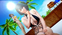 2girls 3d dead_or_alive dead_or_alive_xtreme_venus_vacation deskchair finger_to_mouth green_hair looking_at_viewer looking_back misaki_(doa) swimsuit tamaki_(doa)