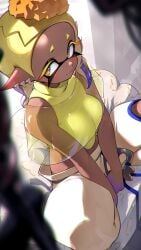 blonde_hair breast_squish crop_top dark-skinned_female ear_piercing frye_(splatoon) hizake kashu_(hizake) looking_up nintendo smile splatoon splatoon_3 yellow_eyes