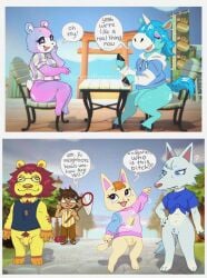 3boys 3girls animal_crossing anthro ass balls bear blouse blue_body blue_fur blue_hair blue_sky bottomless bottomless_female bottomless_male bottomwear breasts brown_body brown_hair button_(fastener) canid cat cat_humanoid chair chubby_female closed_eyes clothed clothing cub detailed_background dialogue digitigrade domestic_cat equid equine eyelashes eyewear felid feline felis female fur furniture genitals glasses greeting group hair hi_res hoodie hooves horse horsecock human jewelry judy_(animal_crossing) julian_(animal_crossing) lion lion_cock male mammal merry_(animal_crossing) mott_(animal_crossing) multicolored_body multicolored_fur necklace nervous net nintendo pantherine pants penis pink_body pink_fur profanity pubes pussy question_mark ring shirt sitting sky speech_bubble spicedpopsicle standing street sweater table tank_top text topwear tress villager_(animal_crossing) whitney_(animal_crossing) wolf yellow_body yellow_fur