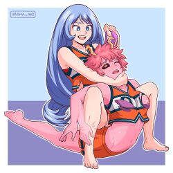 2girls blue_hair breasts camel_clutch catfight cheerleader cheerleader_uniform female female_only full_body legs mina_ashido multiple_girls my_hero_academia nejire_hado nipples pink_hair ripped_clothing shounen_jump submissive tagme thong torn_clothes vesna_art wrestling yuri