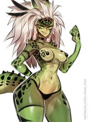 2d arm_behind_back artist_name athletic athletic_female black_pupils breasts eyebrows eyelashes female female_only first_porn_of_character fishnets fist green-skinned_female green_skin hair horns johnfoxart long_hair looking_at_viewer monster monster_girl navel nipples one-punch_man patreon_url poison_lizard_sisters reptera smile smiling_at_viewer solo spikes_(anatomy) standing sweat tail url white_hair yellow_eyes