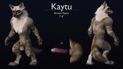 2023 anthro balls blender_(software) brown_eyes brown_hyena english_text erection fully_sheathed fur genitals hi_res humanoid_genitalia humanoid_penis hyena kaytu male mammal model_sheet nude penis ruaidri sheath simple_background solo striped_body striped_fur stripes text