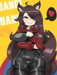 1girls ahoge akatsuki_records animal_ears big_breasts bodysuit brown_hair cosplay heart kagerou_imaizumi light-skinned_female long_hair notnoe_(dxcl) rock_n_rock_n_beat smug tail thick_thighs touhou yellow_background