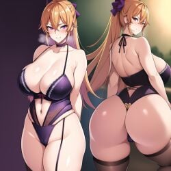 ai_generated big_ass big_breasts curvy_figure female_only light-skinned_female lingerie long_hair looking_at_viewer looking_back nakiri_erina shokugeki_no_souma smile stable_diffusion stockings