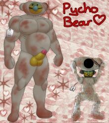 2023 bara beady_eyes bear_(game) bear_suit blood blood_stain blue_nose brown_body brown_suit clothed dragooner i_need_special_guest_r34 muscular_arms nipples_visible_through_clothing pecs psycho_bear_(bear) red_tip roblox roblox_game robloxian round_belly suit visible_penis yellow_body yellow_skin