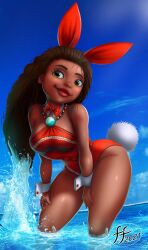 14-bis 1girls 2021 bunny_ears bunny_girl bunny_tail bunnysuit dark-skinned_female disney disney_princess female female_only in_water leotard moana moana_waialiki smiling solo standing_in_water