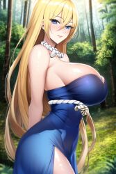 ai_generated bare_shoulders big_breasts blonde_hair blue_eyes breasts clothed clothed_female dr.stone dress female_only forest huge_breasts long_hair novelai ruri_(dr.stone) smile solo stable_diffusion